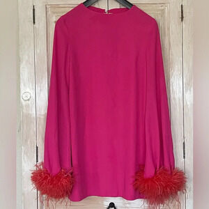 NERVI Penelope Flare-Sleeve Mini Shift Dress w/ Feather Trim